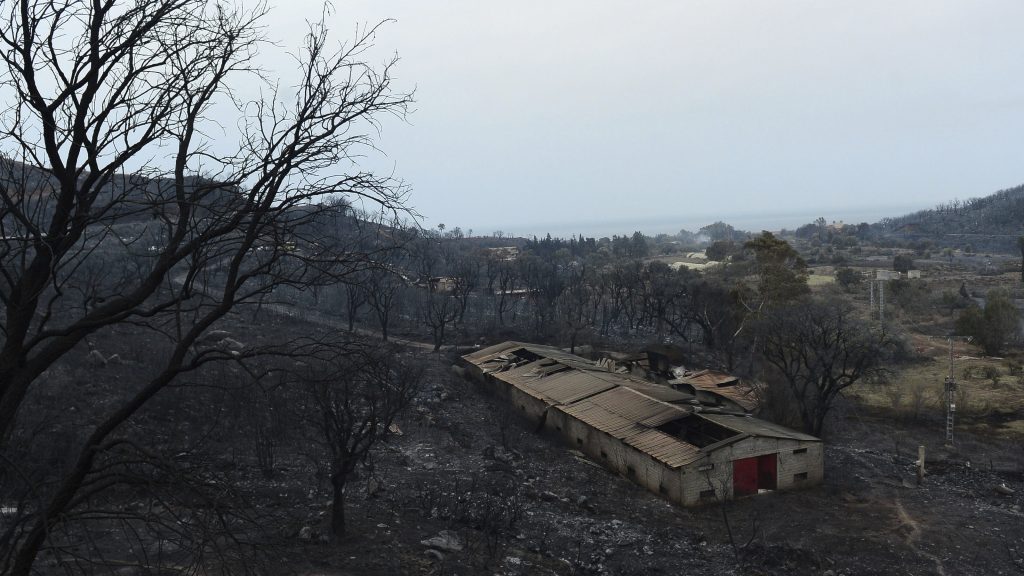 A view of a burnt house and forest, in Bouira, 100 km from Algiers, Algeria, Monday, July 24, 2023. Wildfires raging across Algeria have killed at least 25 people, including soldiers trying to get the flames under control in the face of high winds and scorching summer temperatures, government ministries said Monday. (AP Photo) XMS106