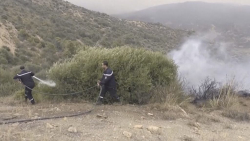 In this image taken from video, a wildfire burns in Zbarbar, Bouira Province, Algeria, Monday, July 24, 2023. Wildfires raging across Algeria have killed multiple people as they burn in scorching temperatures and high winds. (AP Photo) NY301