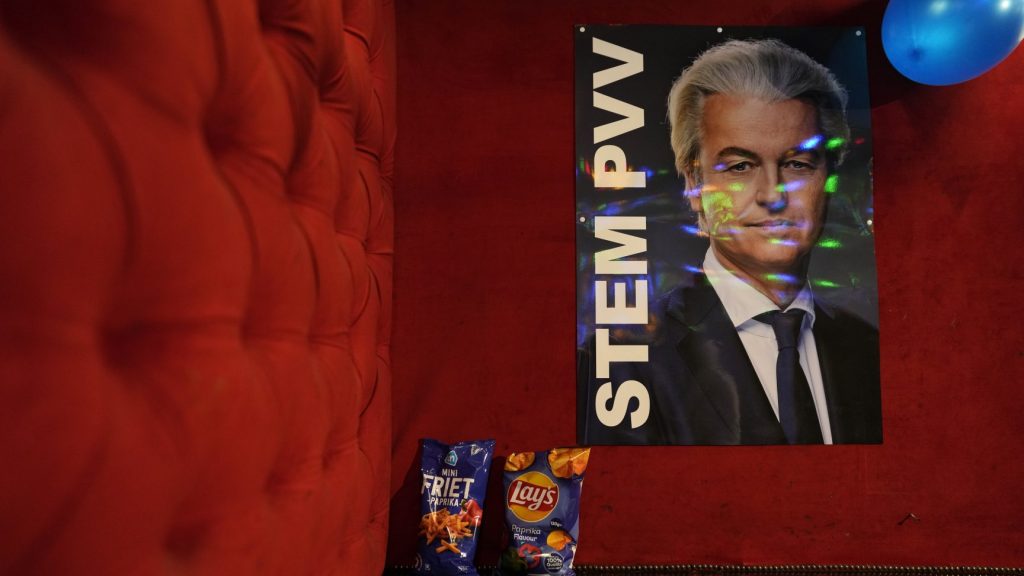 Poster of Geert Wilders, leader of the Party for Freedom, known as PVV, is placed at a bar set up as headquarters for the general elections in The Hague, Netherlands, Wednesday, Nov. 22, 2023. (AP Photo/Peter Dejong) PJO102