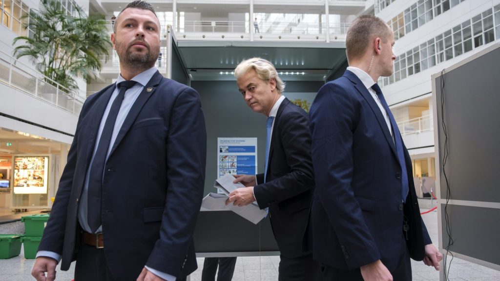 Geert Wilders, leader of the Party for Freedom, known as PVV, casts his ballot in The Hague, Netherlands, Wednesday, Nov. 22, 2023. Dutch voters cast ballots in a general election that will usher in a new prime minister for the first time in 13 years, with the rising cost of living and migration topping electoral concerns in a country that plays an important role in EU affairs and global trade and tourism.(AP Photo/Mike Corder) XVG117