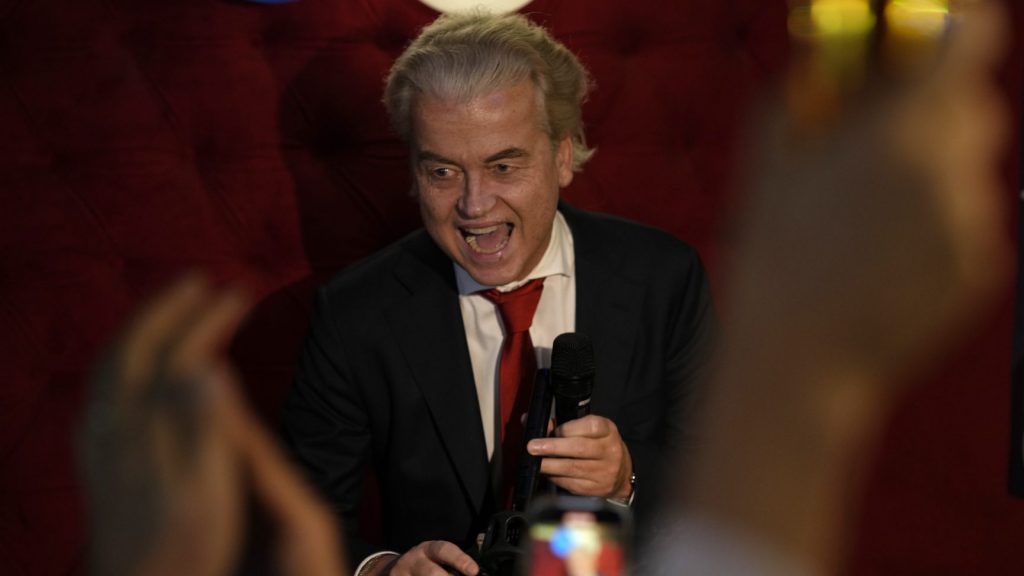 Geert Wilders, leader of the Party for Freedom, known as PVV, reacts to first preliminary results of general elections in The Hague, Netherlands, Wednesday, Nov. 22, 2023. (AP Photo/Peter Dejong) PJO112