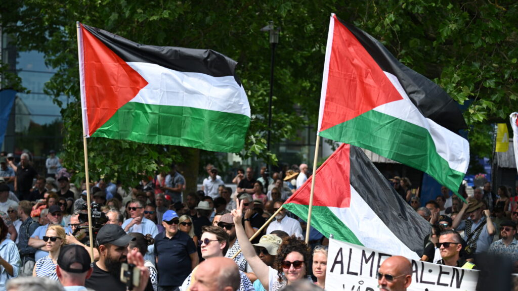 VISBY, SVERIGE 20240628
Demonstration mot kriget i Gaza i samband att med partiledare Ebba Busch (KD) håller tal under politikerveckan i Almedalen.
Foto: Anders Wiklund / TT / Kod 10040
