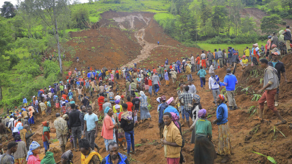 In this handout photo released by Gofa Zone Government Communication Affairs Department, hundreds of people gather at the site of a mudslide in the Kencho Shacha Gozdi district, Gofa Zone, southern Ethiopia, Monday, July 22, 2024. At least 146 people were killed in mudslides in a remote part of Ethiopia that has been hit with heavy rainfall, according to local authorities. (Gofa Zone Government Communication Affairs Department via AP) XTM101
