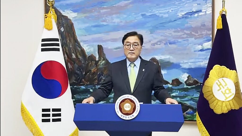 In this photo taken from video released by South Korea's National Assembly Speaker's Office on Tuesday, Dec. 3, 2024, South Korea's National Assembly Speaker Woo Won-shik delivers his speech. (South Korea's National Assembly Speaker's Office via AP) XPAG102
