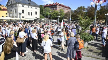 STOCKHOLM, SVERIGE 20250814
Journalistförbundet anordnar en manifestation på Medborgarplatsen för att uppmärksamma att minst 181 palestinska journalister och mediearbetare har dödats sedan krigets början.
Foto: Christine Olsson / TT / Kod 10430
