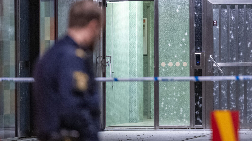 ARLÖV 2025-09-03
Splitterskador i en entré och polis på plats på Mariedalsvägen vid Kronprinsen i Malmö efter en detonation tidigt på onsdagsmorgonen.
Foto: Johan Nilsson / TT / Kod 50090