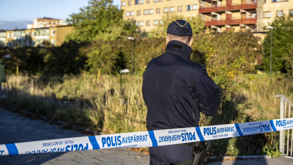 MALMÖ 2025-10-02
Polis på plats på Borgmästaregården i Malmö efter ett misstänkt mordförsök på fredagseftermiddagen. En person har enligt polisens hemsida förts till sjukhus med ambulans efter att h skadats med ett tillhygge.
Foto: Johan Nilsson / TT / Kod 50090