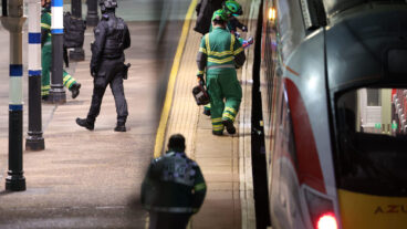 Emergency personnel inspect a train at the Huntingdon, England, train station in Cambridgeshire after people were stabbed Saturday, Nov. 1, 2025. (Chris Radburn/PA via AP)  uklpa607