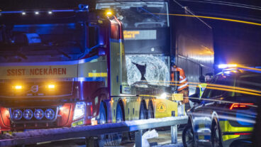 EKERÖD 2025-11-22
Polis och bärgare på plats på E22 vid Ekerödsrasten mellan Hörby och Kristianstad efter att en buss krockat med en häst på lördagskvällen. Busschauffören skadades vid olyckan och hästen avled.
Foto: Johan Nilsson / TT / Kod 50090