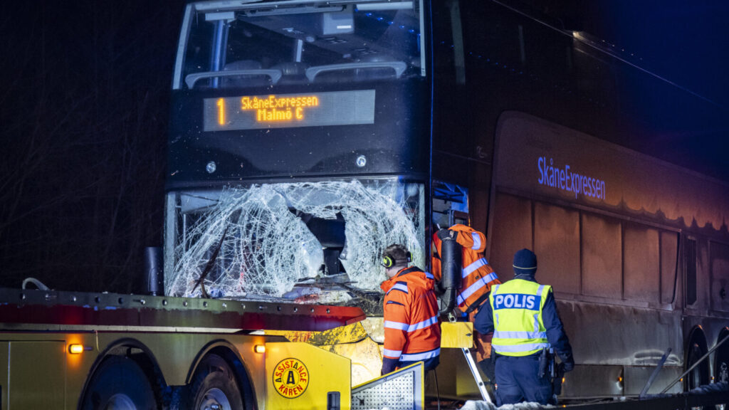 EKERÖD 2025-11-22
Polis och bärgare på plats på E22 vid Ekerödsrasten mellan Hörby och Kristianstad efter att en buss krockat med en häst på lördagskvällen. Busschauffören skadades vid olyckan och hästen avled.
Foto: Johan Nilsson / TT / Kod 50090