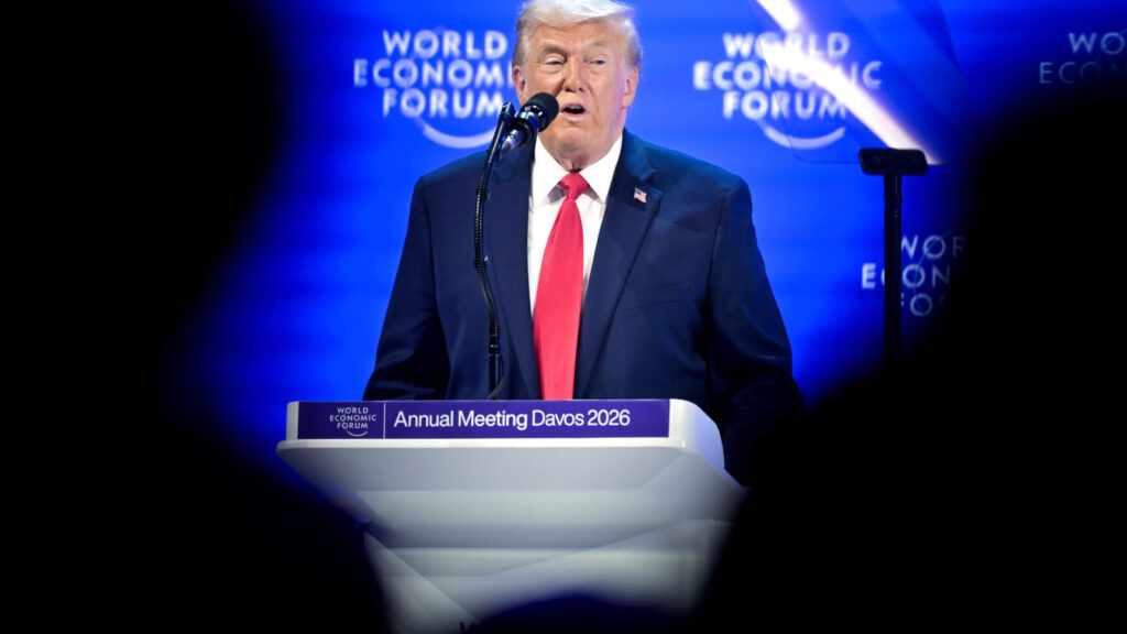 President Donald Trump speaks during the 56th annual meeting of the World Economic Forum, WEF, in Davos, Switzerland, Wednesday, Jan. 21, 2026. (Gian Ehrenzeller/Keystone via AP) DSOB122