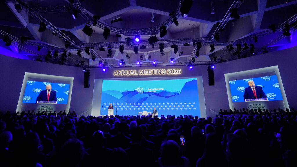 President Donald Trump speaks during the Annual Meeting of the World Economic Forum in Davos, Switzerland, Wednesday, Jan. 21, 2026. (AP Photo/Markus Schreiber) MME112