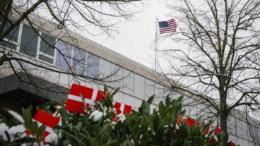 Danish flags in front of the American embassy in Copenhagen, on Wednesday, January 28, 2026. The flags were put up by Maja Schlein Staal after The flags are being placed in response to US President Donald Trump saying in an interview last Thursday that NATO soldiers in Afghanistan "stayed back a little, a little away from the front line." Maja Schlein Staal has herself been deployed to Denmark.