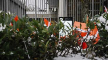 Danish flags in front of the American embassy in Copenhagen, on Wednesday, January 28, 2026. The flags were put up by Maja Schlein Staal after The flags are being placed in response to US President Donald Trump saying in an interview last Thursday that NATO soldiers in Afghanistan "stayed back a little, a little away from the front line." Maja Schlein Staal has herself been deployed to Denmark.