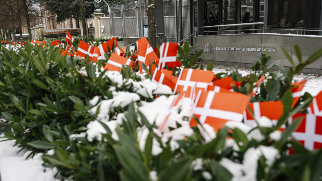 Danish flags in front of the American embassy in Copenhagen, on Wednesday, January 28, 2026. The flags were put up by Maja Schlein Staal after The flags are being placed in response to US President Donald Trump saying in an interview last Thursday that NATO soldiers in Afghanistan "stayed back a little, a little away from the front line." Maja Schlein Staal has herself been deployed to Denmark.