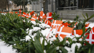 Danish flags in front of the American embassy in Copenhagen, on Wednesday, January 28, 2026. The flags were put up by Maja Schlein Staal after The flags are being placed in response to US President Donald Trump saying in an interview last Thursday that NATO soldiers in Afghanistan "stayed back a little, a little away from the front line." Maja Schlein Staal has herself been deployed to Denmark.