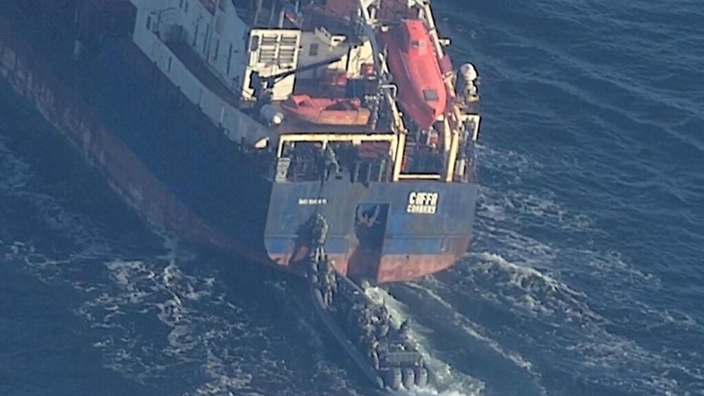 This image made available by the Swedish Coast Guard and taken Friday March 6, 2026, shows Swedish authorities boarding the Caffa, a cargo ship sailing in the Baltic Sea. (Swedish Coast Guard via AP) LON102