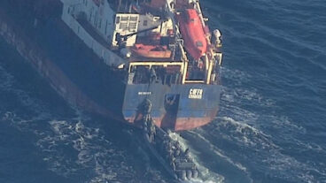 This image made available by the Swedish Coast Guard and taken Friday March 6, 2026, shows Swedish authorities boarding the Caffa, a cargo ship sailing in the Baltic Sea. (Swedish Coast Guard via AP) LON102