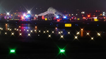 An Air Canada Jet sits on the runway at LaGuardia Airport, Monday, March 23, 2026, after colliding with a Port Authority vehicle in New York. (AP Photo/Ryan Murphy)  NYJJ102