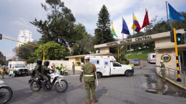 Ambulances carrying people who were injured on a military cargo plane that crashed shortly after takeoff in Puerto Leguizamo arrive at the Military Hospital in Bogota, Colombia, Monday, March 23, 2026. (AP Photo/Ivan Valencia)  COFV105