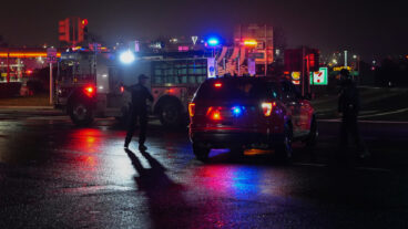 Firetrucks lineup outside LaGuardia Airport, Monday, March 23, 2026, in New York, after an Air Canada Jet collided with a Port Authority vehicle on a runway. (AP Photo/Ryan Murphy)  NYJJ104