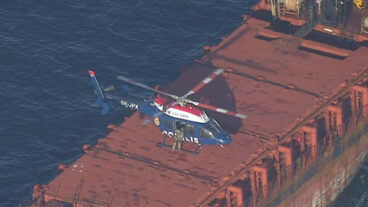 This image made available by the Swedish Coast Guard and taken Friday March 6, 2026, shows Swedish authorities boarding the Caffa, a cargo ship sailing in the Baltic Sea. (Swedish Coast Guard via AP) LON101