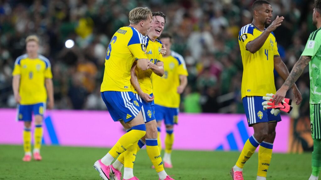 Sweden's Herman Johansson (6), center left, and Elliot Stroud (24), center right, celebrate after the World Cup Group F soccer match between Sweden and Tunisia in Guadalupe, near Monterrey, Mexico, Sunday, June 14, 2026. (AP Photo/Moises Castillo) WCJM152