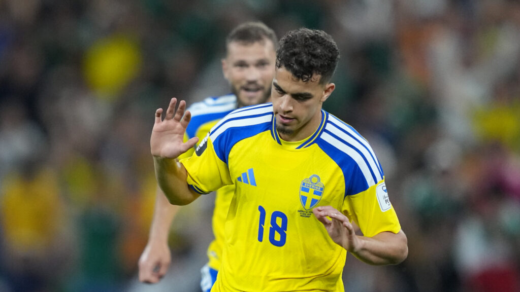 Sweden's Yasin Ayari (18) celebrates after scoring his side's opening goal during the World Cup Group F soccer match between Sweden and Tunisia in Guadalupe, near Monterrey, Mexico, Sunday, June 14, 2026. (AP Photo/Moises Castillo) WCJM115