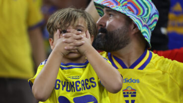 Swedish fans celebrate after the World Cup Group F soccer match between Sweden and Tunisia in Guadalupe, near Monterrey, Mexico, Sunday, June 14, 2026. (AP Photo/Sofia Yaker)  WCTH150