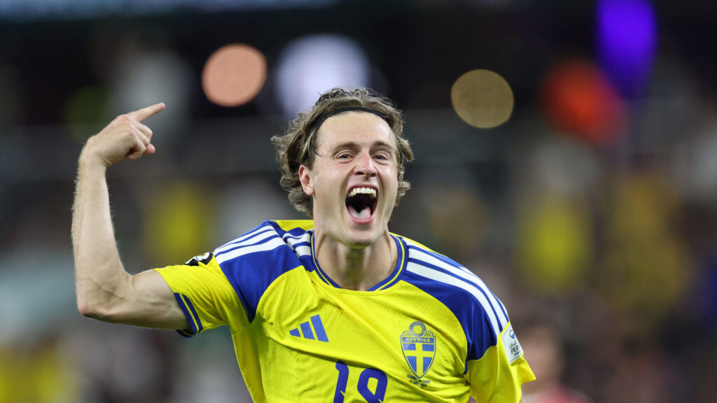 Sweden's Mattias Svanberg (19) starts to celebrate a goal that the officials called back, then was awarded by VAR, during the World Cup Group F soccer match between Sweden and Tunisia in Guadalupe, near Monterrey, Mexico, Sunday, June 14, 2026. (AP Photo/Sofia Yaker) WCTH153