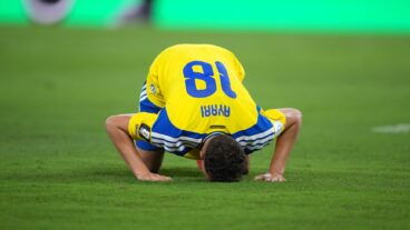 Sweden's Yasin Ayari (18) celebrates after scoring his side's opening goal during the World Cup Group F soccer match between Sweden and Tunisia in Guadalupe, near Monterrey, Mexico, Sunday, June 14, 2026. (AP Photo/Moises Castillo)  WCJM111