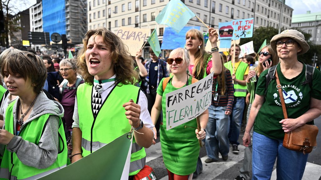 STOCKHOLM, SVERIGE 20260823
Demonstranter och klimataktivister marscherar genom centrala Stockholm när Naturskyddsföreningen tillsammans med Rebellmammorna, Rebellpapporna och Researchers Desk anordnar en stor klimatdemonstration på söndagen.
Foto: Christine Olsson / TT / Kod 10430